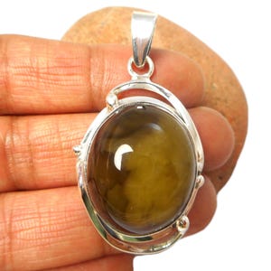 Large Chunky Oval Green Brown AMBER Sterling Silver Gemstone 925  Pendant