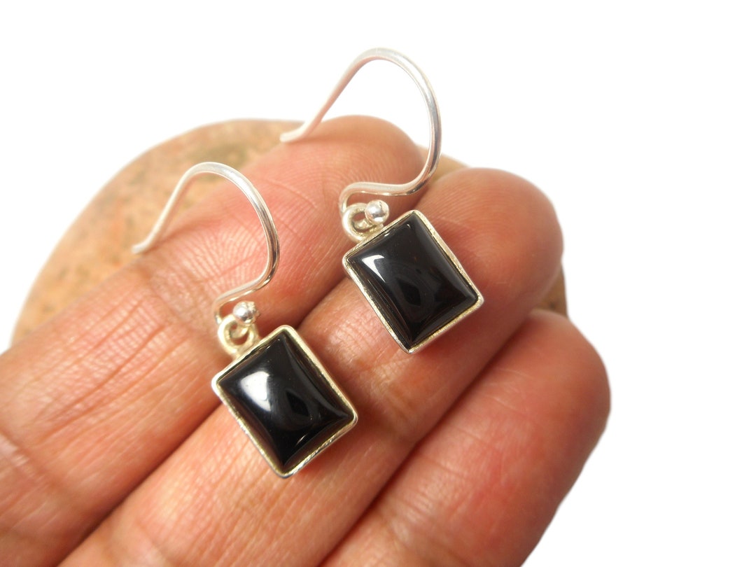 Rectangular Black Onyx Sterling Silver Gemstone Drop Dangle Earrings 