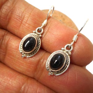 Delicate Oval Black ONYX Sterling Silver 925 Gemstone Drop Dangle Earrings