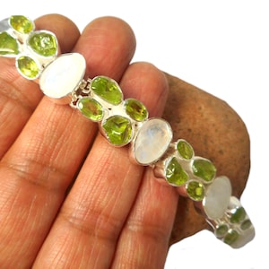 Chunky Large Peridot Moonstone Gemstone Sterling Silver 925 Bracelet
