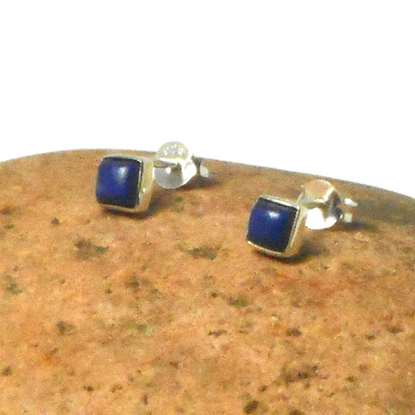 Small Square Blue  LAPIS LAZULI Sterling Silver Stud Earrings 925 - 4 mm