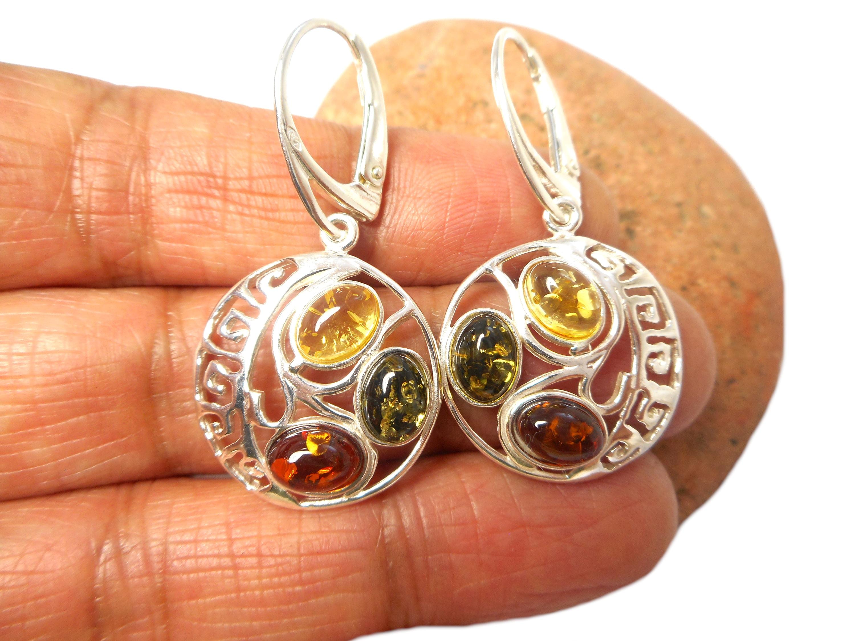 Large Round AMBER Sterling Silver Gemstone Drop Dangle Earrings 925