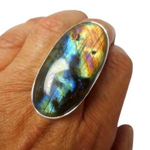 Large Chunky Adjustable Fiery Labradorite Sterling Silver 925 Gemstone Statement Ring