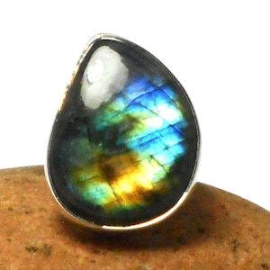 Large Chunky Adjustable Fiery Labradorite Sterling Silver 925 Gemstone Statement Ring