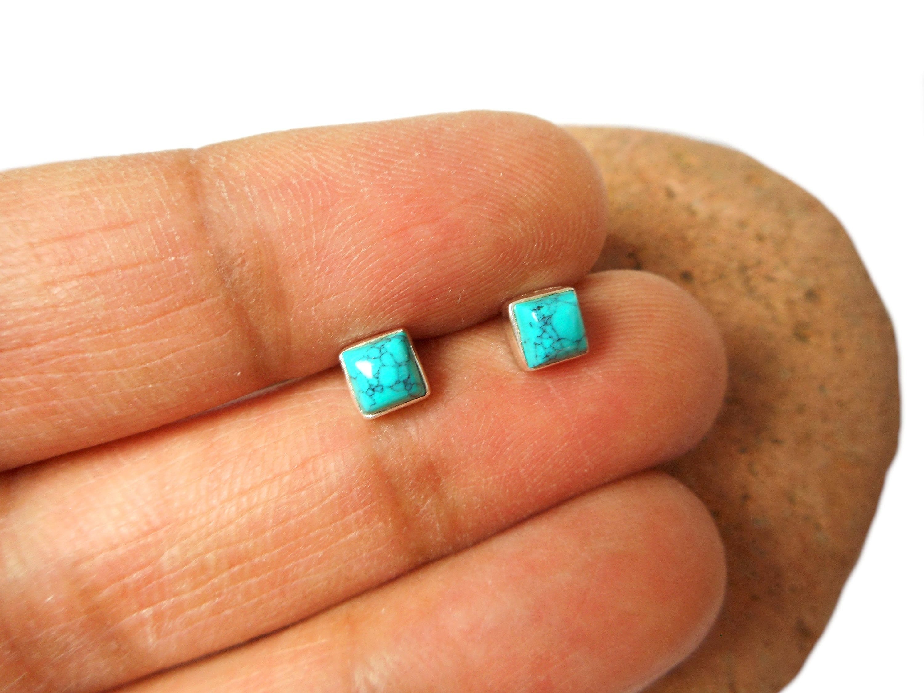 Small Tibetan TURQUOISE Square Sterling Silver Gemstone Stud Earrings 925 - 4 mm