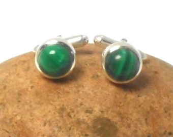 Chunky Green Round Malachite Sterling Silver Gemstone 925 Cufflinks