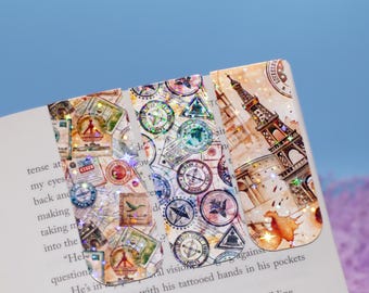 Juego de 3 marcapáginas magnéticos holográficos inspirados en viajes / Amante de los libros / Accesorios de agenda / Marcador de página / Clip de página / Regalo para amantes de los libros / Único