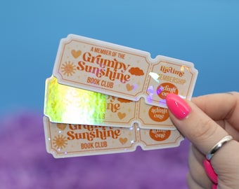 Pegatina holográfica de entrada para el club de lectura Grumpy Sunshine / Pegatinas para Kindle / Pegatina para amantes de los libros / Calcomanía para Kindle / Merchandising literario