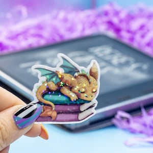 Sleeping Dragon on Book Stack Holographic Sticker | Kindle Stickers | Book Lover Stickers | Cute Kindle Decal | Bookish Merch|Tech Accessory
