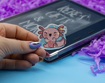 笑うアホロートルのホログラフィックステッカー | Kindleステッカー | 本好きステッカー | かわいいKindleデカール | 本好きグッズ | テックアクセサリー