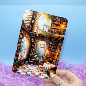 May include: A whimsical illustration of a library with a stone archway, a wooden staircase, and bookshelves filled with books. The room is lit by a window and a lamp, and there is a table with chairs in the centre of the room.