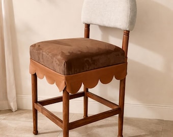 Walnut Bar Stool with Velvet Seat & Scalloped Leather Detail