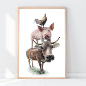 Cow Pig Chicken PNG Art, Cow Pig Rooster, Boho Wall Art, Farmhouse Decor Printable Wall Art, Cow Pig Rooster, Boho Wall Art, Nursery Decor