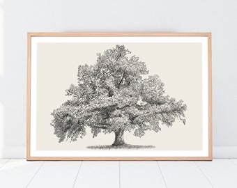 Tree Art Print Vintage Drawing PNG, Farmhouse Wall Art, Rustic Home Decor Digital Download, Hill Tree vintage sketch art, Wall Art Printable