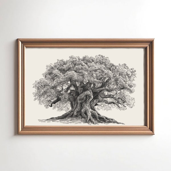 Vintage Tree Drawing Oak Print |  Neutral Wall Art Large print |  Rural Landscape Rustic Sketch