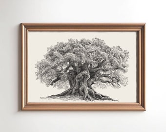 Vintage Tree Drawing Oak Print |  Neutral Wall Art Large print |  Rural Landscape Rustic Sketch