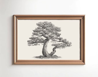 Hand Drawing Art Pine Tree, Printable wall art, Winter woodland art, Digital Download, Rustic nature decor