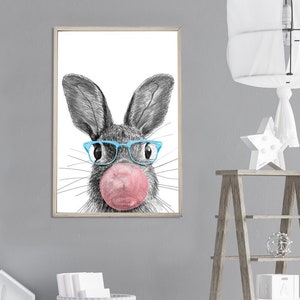 Cute Bunny PNG Art, Bubble Gum Nursery Wall Art, Wall Art Printable, Animal Print, Nursery Prints, Nursery Room Decor, Funny Wall Art image 1