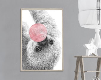 Sloth Bubble Gum, Nursery Wall Art, Wall Art Printable, Animal Print, Sloth Gifts, Bubble Gum Art, Funny Wall Art, Funny Home Decor
