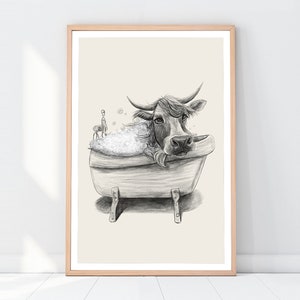 Bathroom Art Cow Drawing, Bathroom Wall Decor, Printable Art, Bathtub Drawing, Cow Pictures Art, funny cow art zdjęcie 1