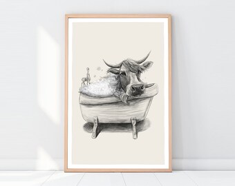 Bathroom Art Cow Drawing, Bathroom Wall Decor, Printable Art, Bathtub Drawing, Cow Pictures Art, funny cow art