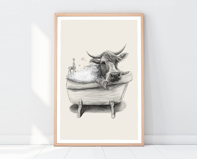 Bathroom Art Cow Drawing, Bathroom Wall Decor, Printable Art, Bathtub Drawing, Cow Pictures Art, funny cow art zdjęcie 1