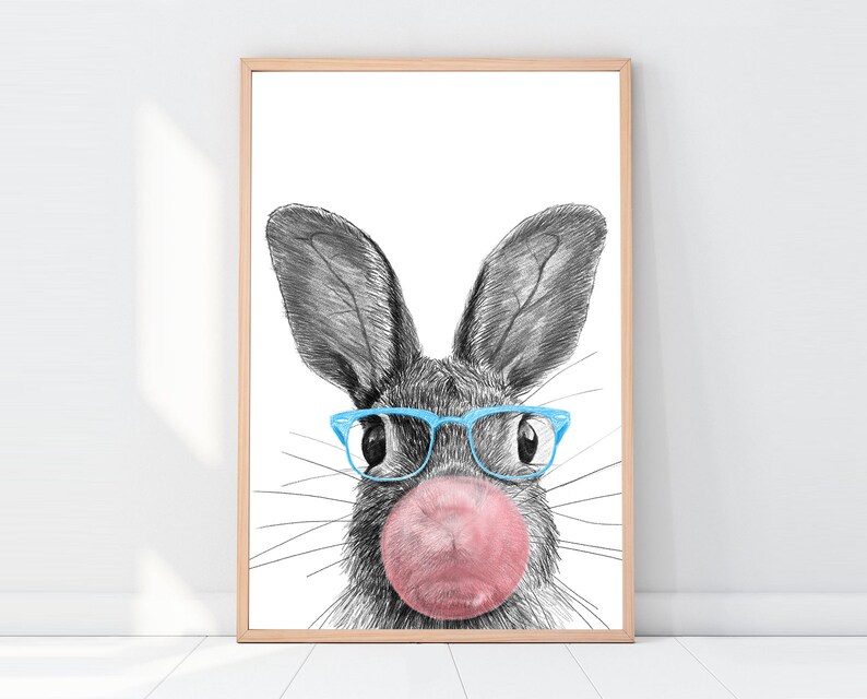 Cute Bunny PNG Art, Bubble Gum Nursery Wall Art, Wall Art Printable, Animal Print, Nursery Prints, Nursery Room Decor, Funny Wall Art image 7