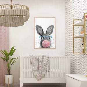 Cute Bunny PNG Art, Bubble Gum Nursery Wall Art, Wall Art Printable, Animal Print, Nursery Prints, Nursery Room Decor, Funny Wall Art image 5