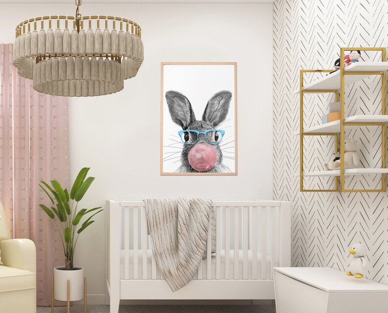 Cute Bunny PNG Art, Bubble Gum Nursery Wall Art, Wall Art Printable, Animal Print, Nursery Prints, Nursery Room Decor, Funny Wall Art image 5