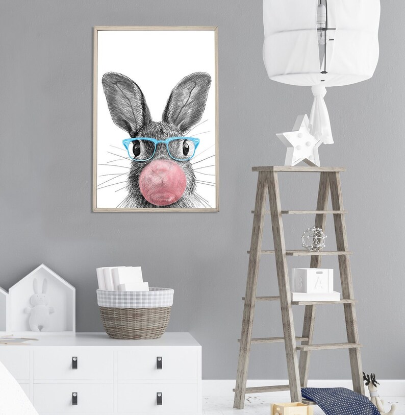 Cute Bunny PNG Art, Bubble Gum Nursery Wall Art, Wall Art Printable, Animal Print, Nursery Prints, Nursery Room Decor, Funny Wall Art image 1