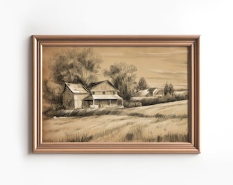 Landscape sketch farmhouse decor / Vintage drawing digital wall art / Rustic farmhouse cottage decor