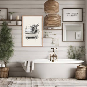 Bathroom Art Cow Drawing, Bathroom Wall Decor, Printable Art, Bathtub Drawing, Cow Pictures Art, funny cow art zdjęcie 2