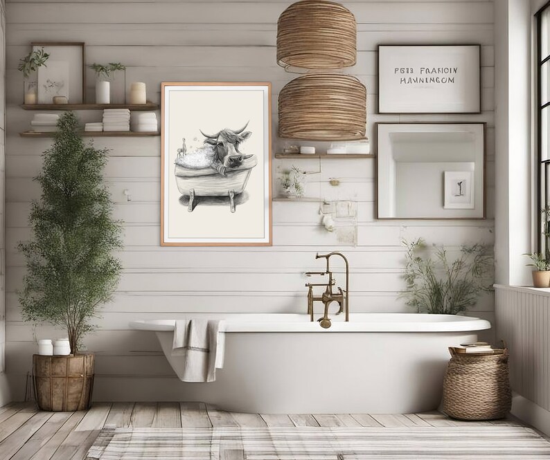 Bathroom Art Cow Drawing, Bathroom Wall Decor, Printable Art, Bathtub Drawing, Cow Pictures Art, funny cow art zdjęcie 2