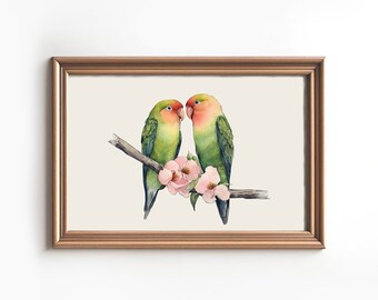 Lovebird PNG Watercolor Wall Art, bird wall art, tropical bird, parrot print, Vintage Lovebird, Parrot Wall Art,