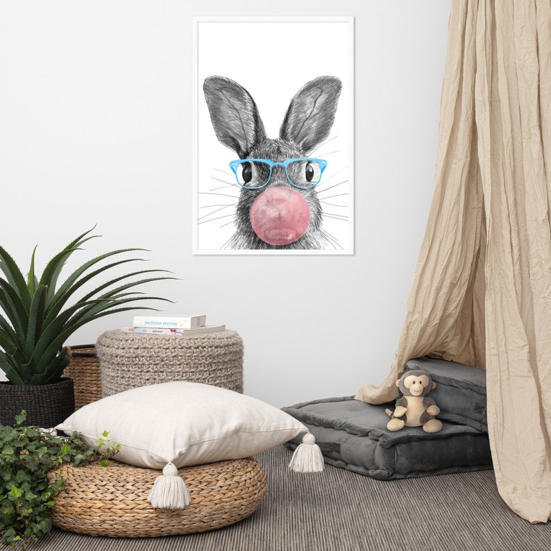 Cute Bunny PNG Art, Bubble Gum Nursery Wall Art, Wall Art Printable, Animal Print, Nursery Prints, Nursery Room Decor, Funny Wall Art image 3