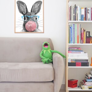 Cute Bunny PNG Art, Bubble Gum Nursery Wall Art, Wall Art Printable, Animal Print, Nursery Prints, Nursery Room Decor, Funny Wall Art image 4