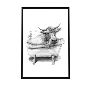 Bathroom Art Cow Drawing, Bathroom Wall Decor, Printable Art, Bathtub Drawing, Cow Pictures Art, funny cow art zdjęcie 7