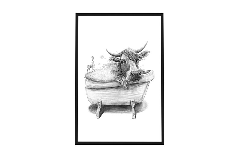 Bathroom Art Cow Drawing, Bathroom Wall Decor, Printable Art, Bathtub Drawing, Cow Pictures Art, funny cow art zdjęcie 7