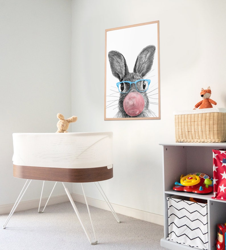 Cute Bunny PNG Art, Bubble Gum Nursery Wall Art, Wall Art Printable, Animal Print, Nursery Prints, Nursery Room Decor, Funny Wall Art image 6