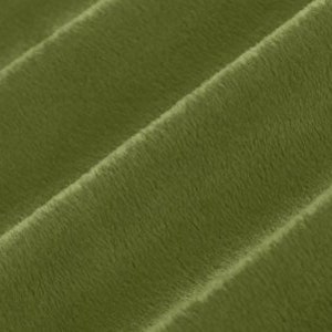 May include: A close-up of a soft, plush fabric in a muted olive green color. The fabric has a subtle texture and a slightly fuzzy appearance.