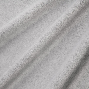 May include: Close-up of a soft, light gray fabric with a fuzzy texture. The fabric is folded and has a subtle sheen.