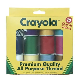 May include: A box of Crayola Premium Quality All Purpose Thread with 12 spools of thread in classic colors. Each spool contains 200 yards of 100% polyester thread.