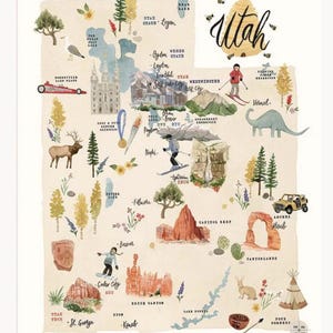 May include: Watercolor illustration of the state of Utah, featuring landmarks, activities, and geographical features. The map includes illustrations of skiers, a dinosaur, a jeep, and the word "Utah" in cursive.