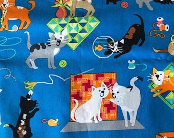 Cat fabric on blue background - one 3 yard piece - clearance piece; cat lovers, quilting or craft fabric