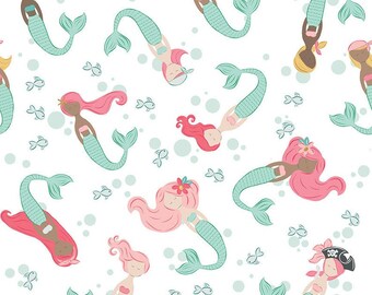 Mermaids / Ahoy Mermaids Main white/ Riley Blake / Cotton Fabric sold by the 1/2 yard - multiple qtys cut as ONE piece