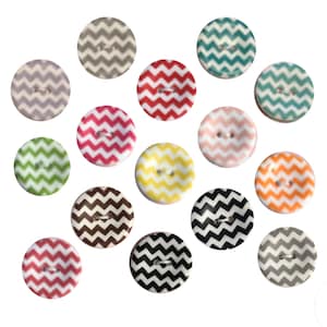 May include: Assortment of 14 colorful chevron patterned buttons. The buttons are made of wood and have two holes. The colors include red, pink, orange, yellow, green, blue, brown, black, and gray.