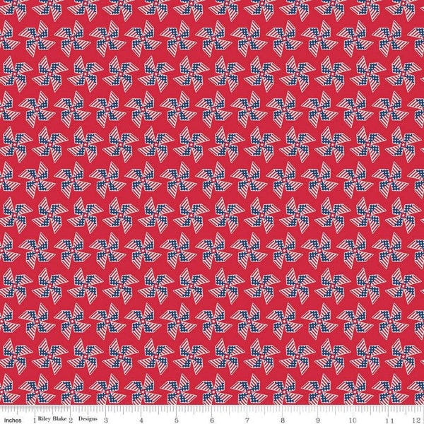 Red Pinwheels / Land of Liberty on white /Quilting Cotton/ Cotton fabric  Riley Blake- sold by the 1/2 yard - multiple qtys cut as ONE piece