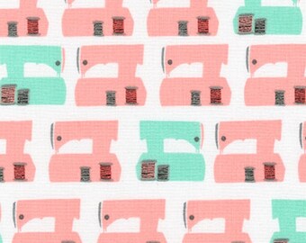 45" "Sew Dressed Up Sewing Machines Seafoam Pink Cotton Fabric by Robert Kaufman