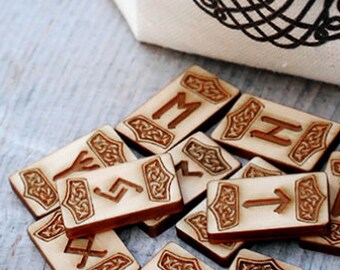 Norse Runes with cotton Bag Yggdrasil. Elder Futhark wooden Runes divination. Celtic set of 25 runes
