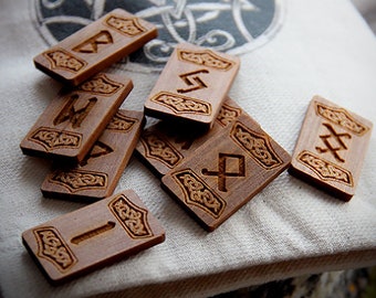 Elder Futhark Runes Set. Norse runes in cedar wood with celtic cotton bag. Odin runes for divination. Oracle runes from norse tradition